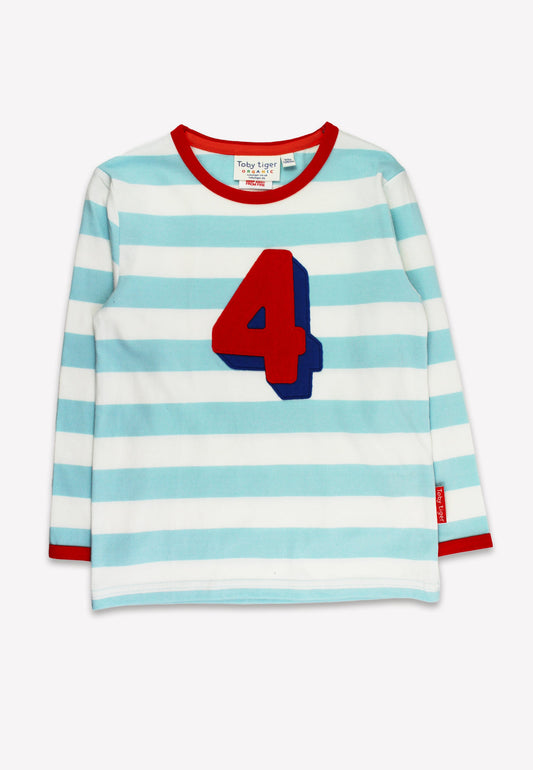 Striped long-sleeve shirt with red number 4 and trim on a white background