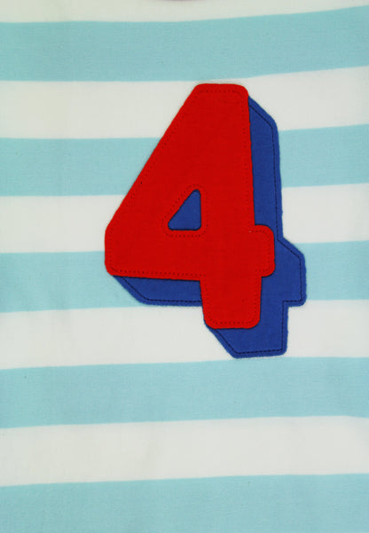 Red number 4 on a blue and white striped background