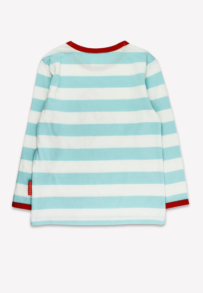 Striped long-sleeve shirt with red trim on a white background