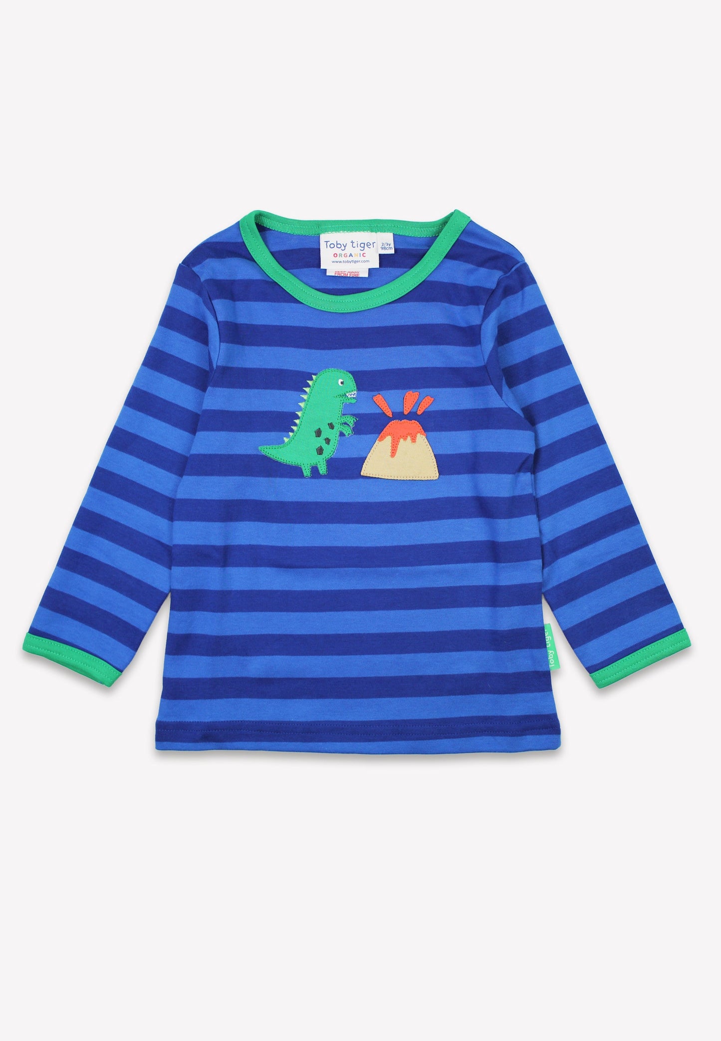 Organic Blue Tonal Dinosaur Applique Long-Sleeved T-Shirt by Toby Tiger, GOTS-certified, vetted by KIDDYKIND