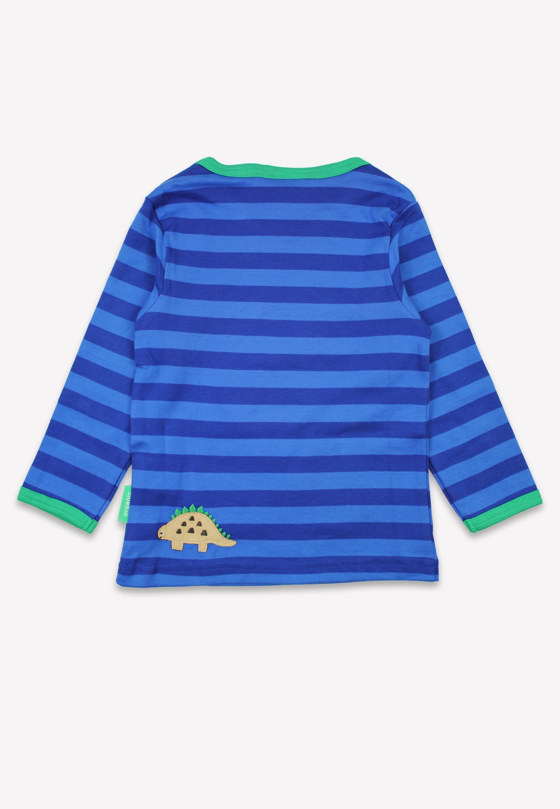 Organic Blue Tonal Dinosaur Applique Long-Sleeved T-Shirt by Toby Tiger, GOTS-certified, vetted by KIDDYKIND