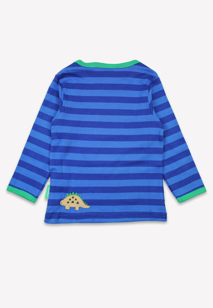 Organic Blue Tonal Dinosaur Applique Long-Sleeved T-Shirt by Toby Tiger, GOTS-certified, vetted by KIDDYKIND