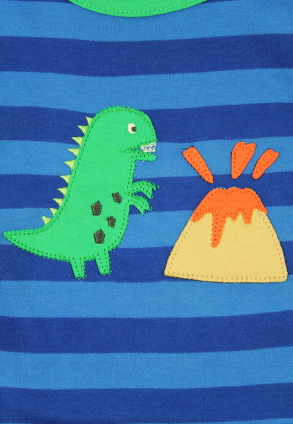 Organic Blue Tonal Dinosaur Applique Long-Sleeved T-Shirt by Toby Tiger, GOTS-certified, vetted by KIDDYKIND