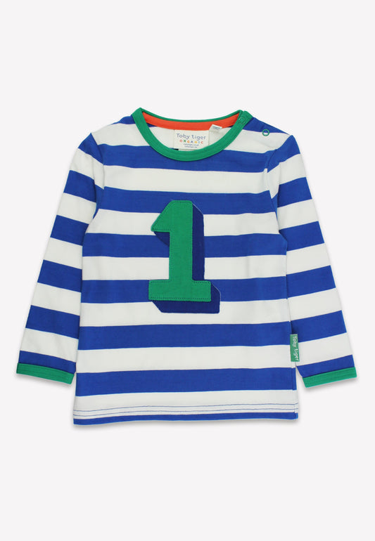 Blue and white striped long-sleeve shirt with a green number '1' on a white background