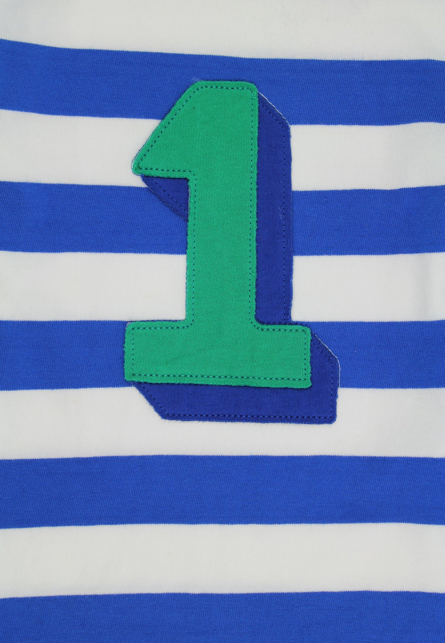 Green number '1' on a blue and white striped background