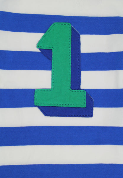 Green number '1' on a blue and white striped background