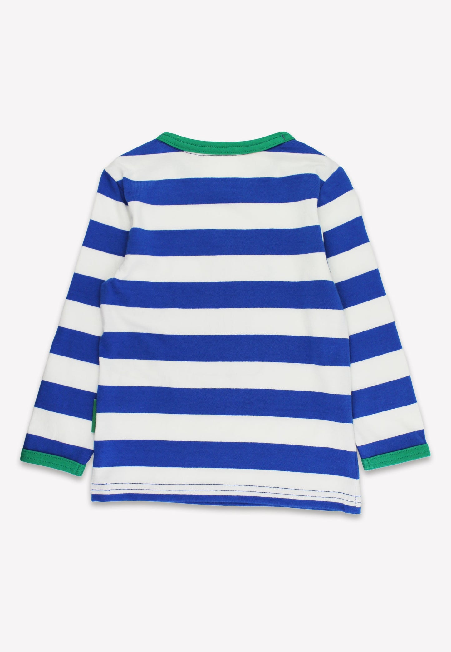 Blue and white striped shirt with green accents on a white background