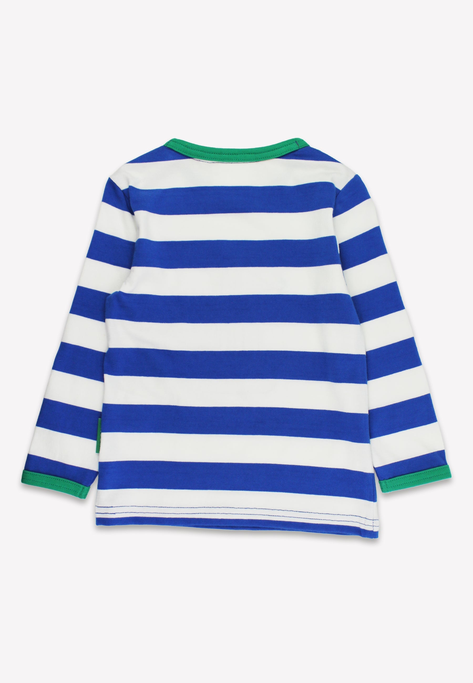 Blue and white striped shirt with green accents on a white background