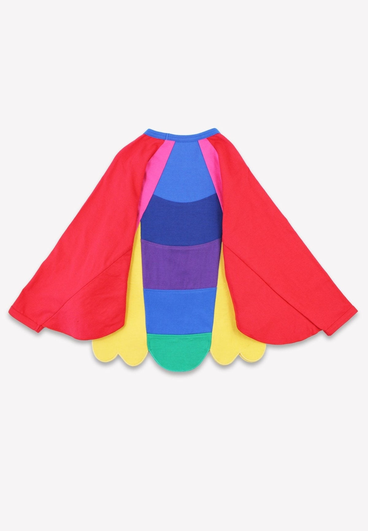 Colourful butterfly cape with a striped shirt underneath on a light grey background