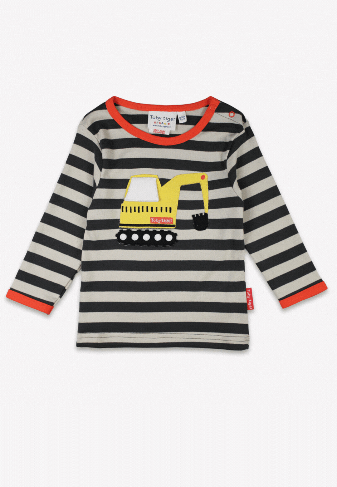Organic Grey Digger Applique Long-Sleeved T-shirt by Toby Tiger, GOTS-certified, vetted by KIDDYKIND