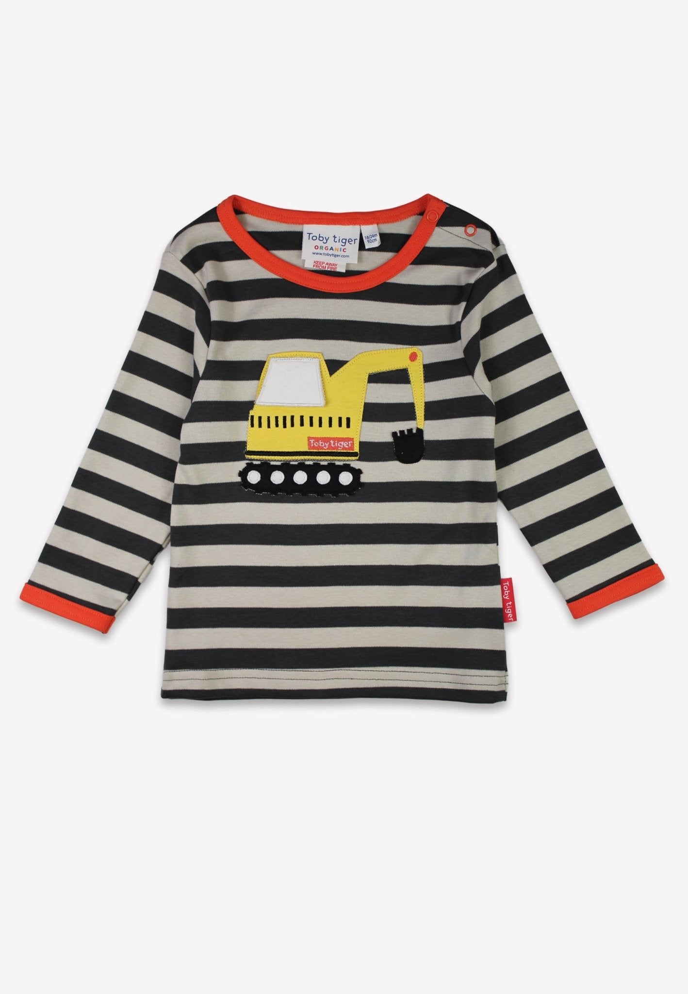 Organic Grey Digger Applique Long-Sleeved T-shirt by Toby Tiger, GOTS-certified, vetted by KIDDYKIND