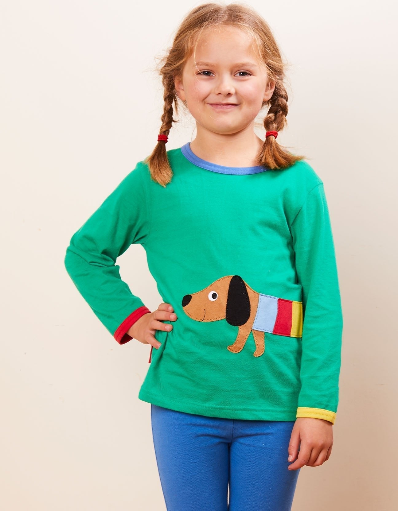 Organic Multi Sausage Dog Applique Long-Sleeved T-Shirt by Toby Tiger, GOTS-certified, vetted by KIDDYKIND