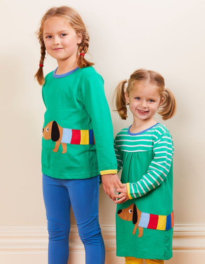 Organic Multi Sausage Dog Applique Long-Sleeved T-Shirt by Toby Tiger, GOTS-certified, vetted by KIDDYKIND