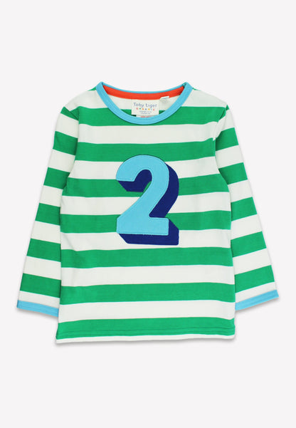 Green and white striped shirt with blue number 2 on a white background
