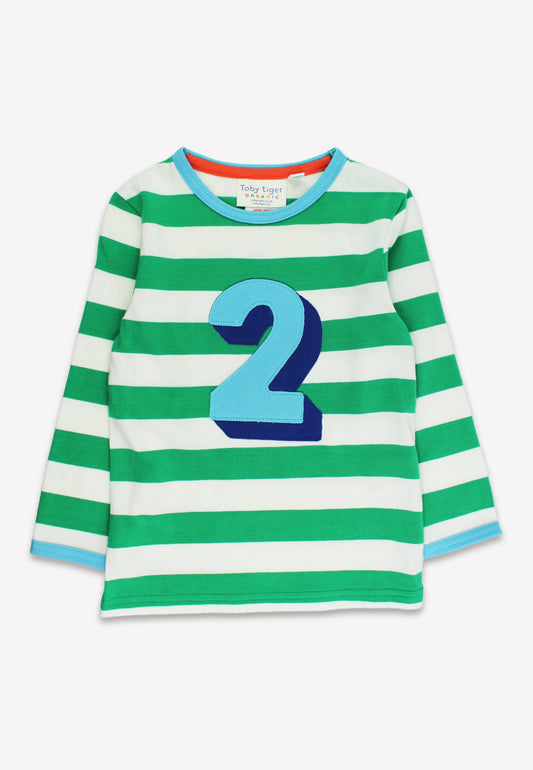 Green and white striped shirt with blue number 2 on a white background