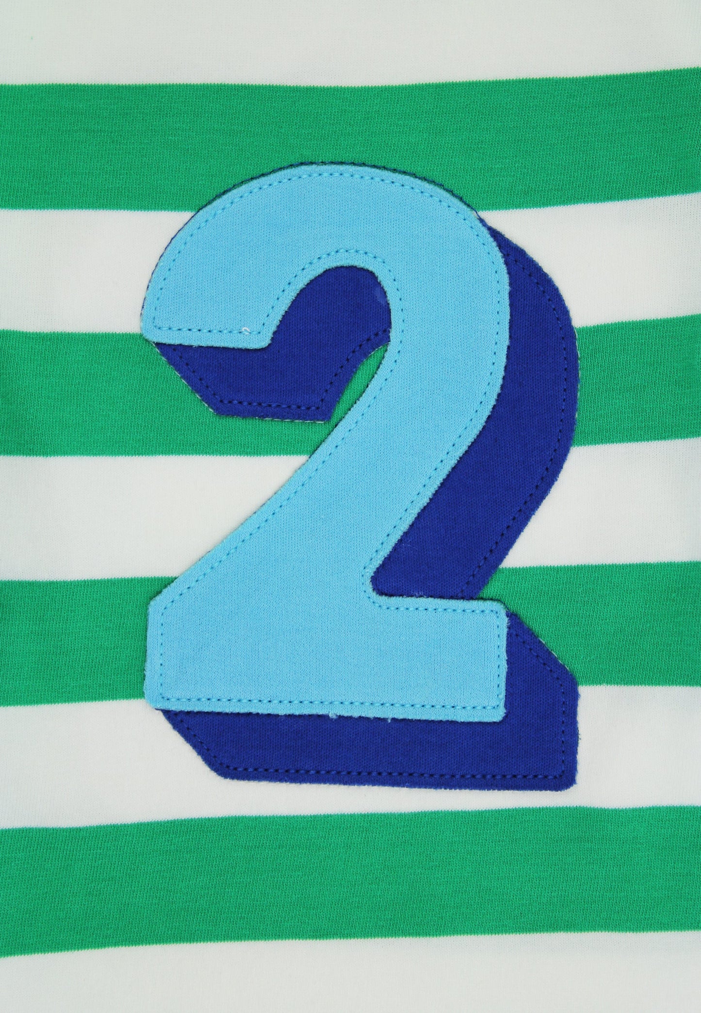 Blue number '2' on a green and white striped background