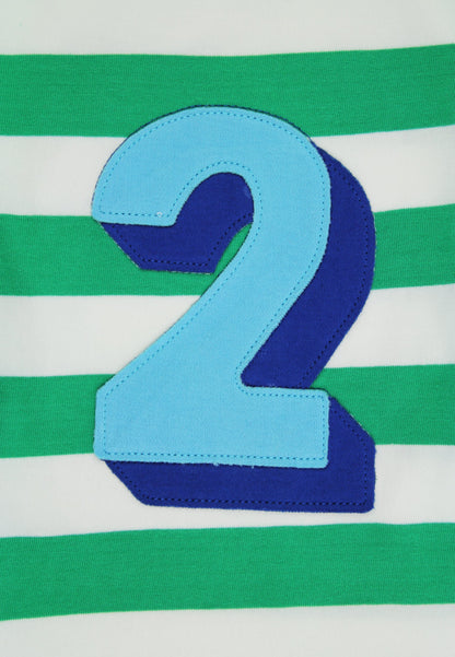 Blue number '2' on a green and white striped background