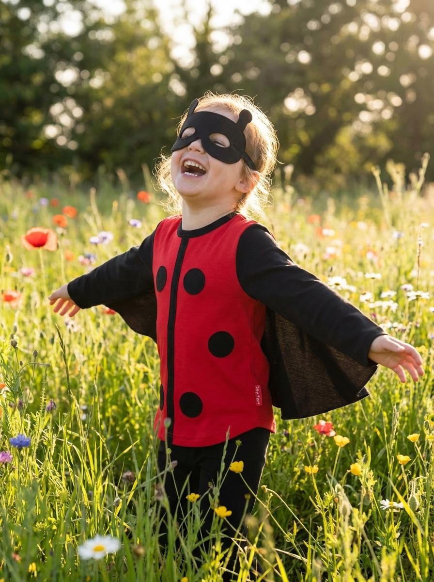 Child in a ladybug costume and mask standing in a field of flowers