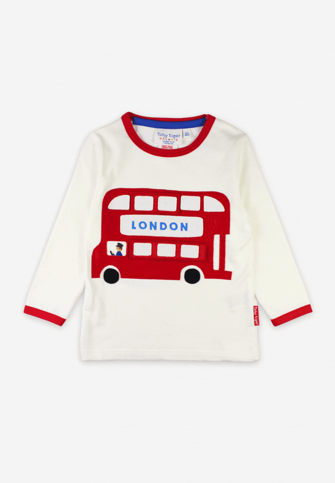 Organic London Bus Applique Long-Sleeved T-Shirt by Toby Tiger, GOTS-certified, vetted by KIDDYKIND