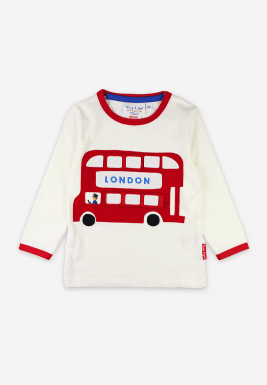 Organic London Bus Applique Long-Sleeved T-Shirt by Toby Tiger, GOTS-certified, vetted by KIDDYKIND