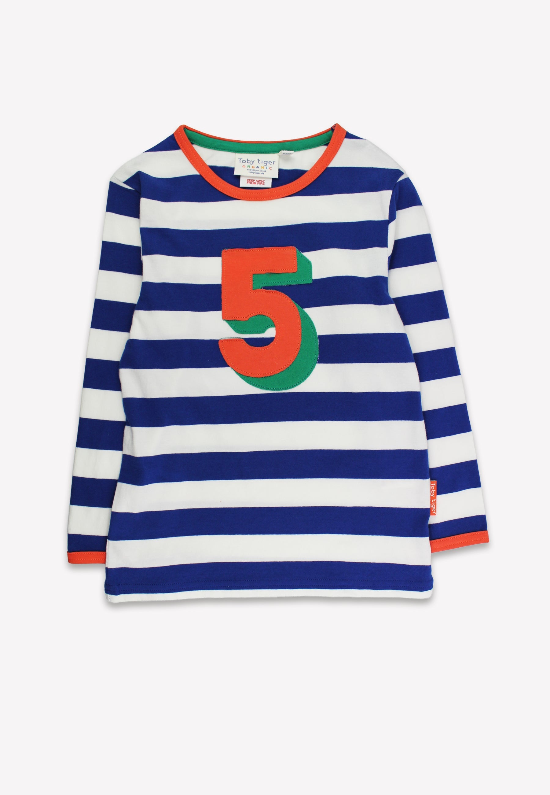Blue and white striped long-sleeve shirt with a large orange number 5 and green circle on a white background