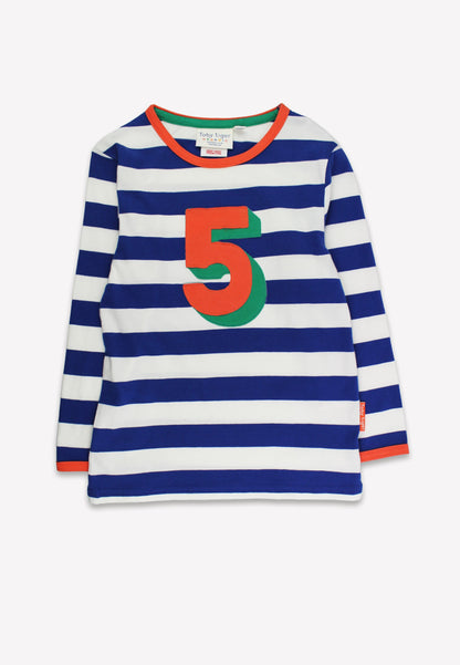 Blue and white striped long-sleeve shirt with a large orange number 5 and green circle on a white background