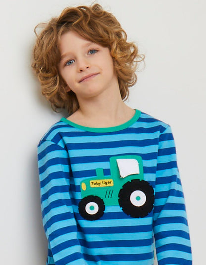 Organic Tractor Applique Long-Sleeved T-Shirt by Toby Tiger, GOTS-certified, vetted by KIDDYKIND