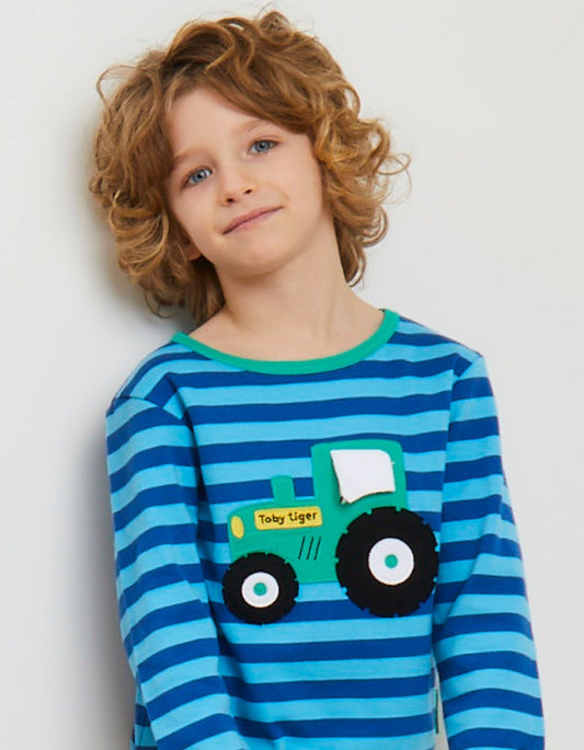 Organic Tractor Applique Long-Sleeved T-Shirt by Toby Tiger, GOTS-certified, vetted by KIDDYKIND