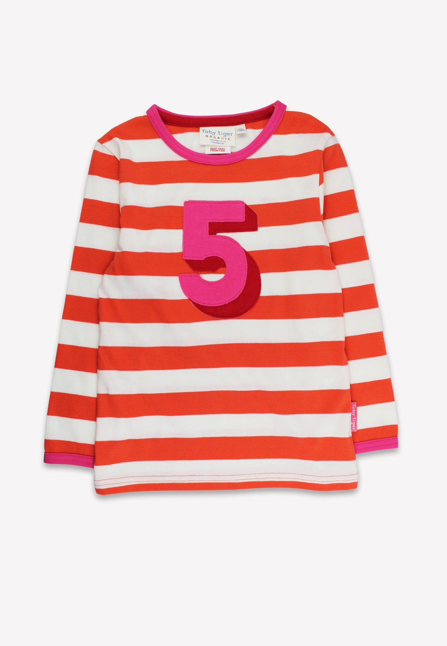 Red and white striped shirt with a pink number 5 on a white background