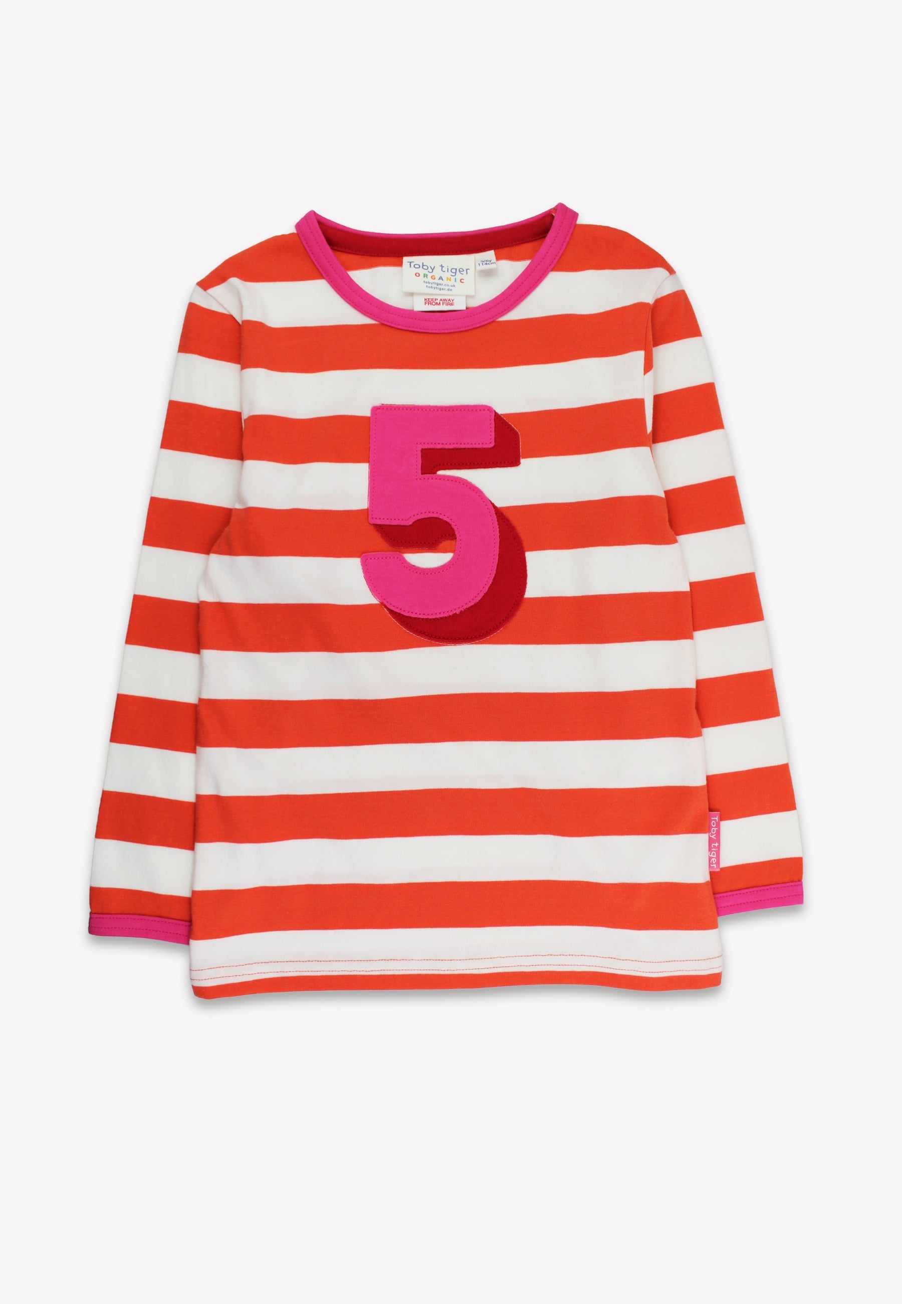 Red and white striped shirt with a pink number 5 on a white background