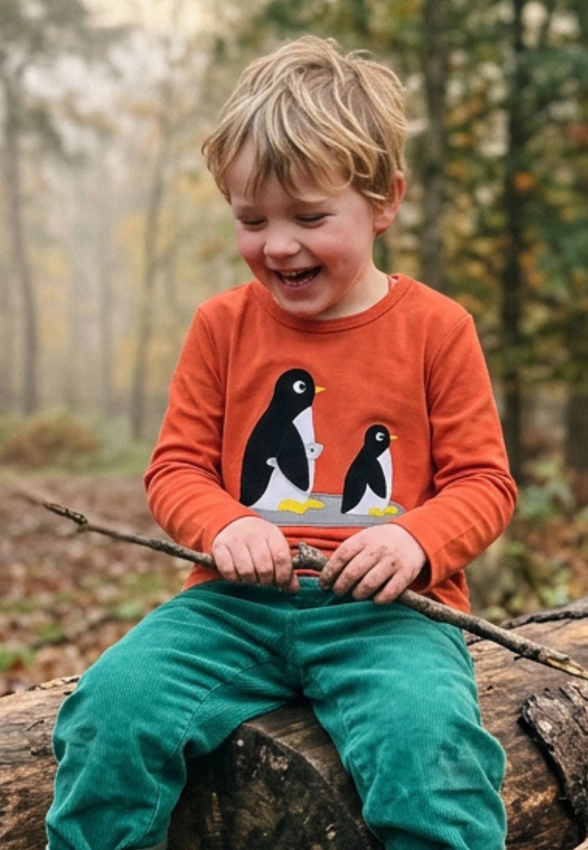 Organic Penguin Applique Long-Sleeved Orange T-Shirt