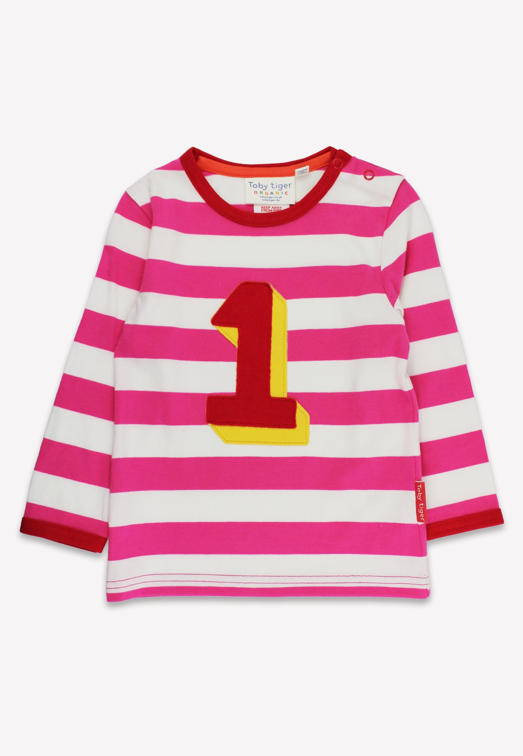 Pink and white striped shirt with a red and yellow number '1' on a white background