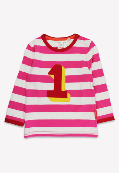 Pink and white striped shirt with a red and yellow number '1' on a white background