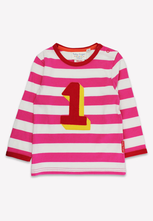 Pink and white striped shirt with a red and yellow number '1' on a white background