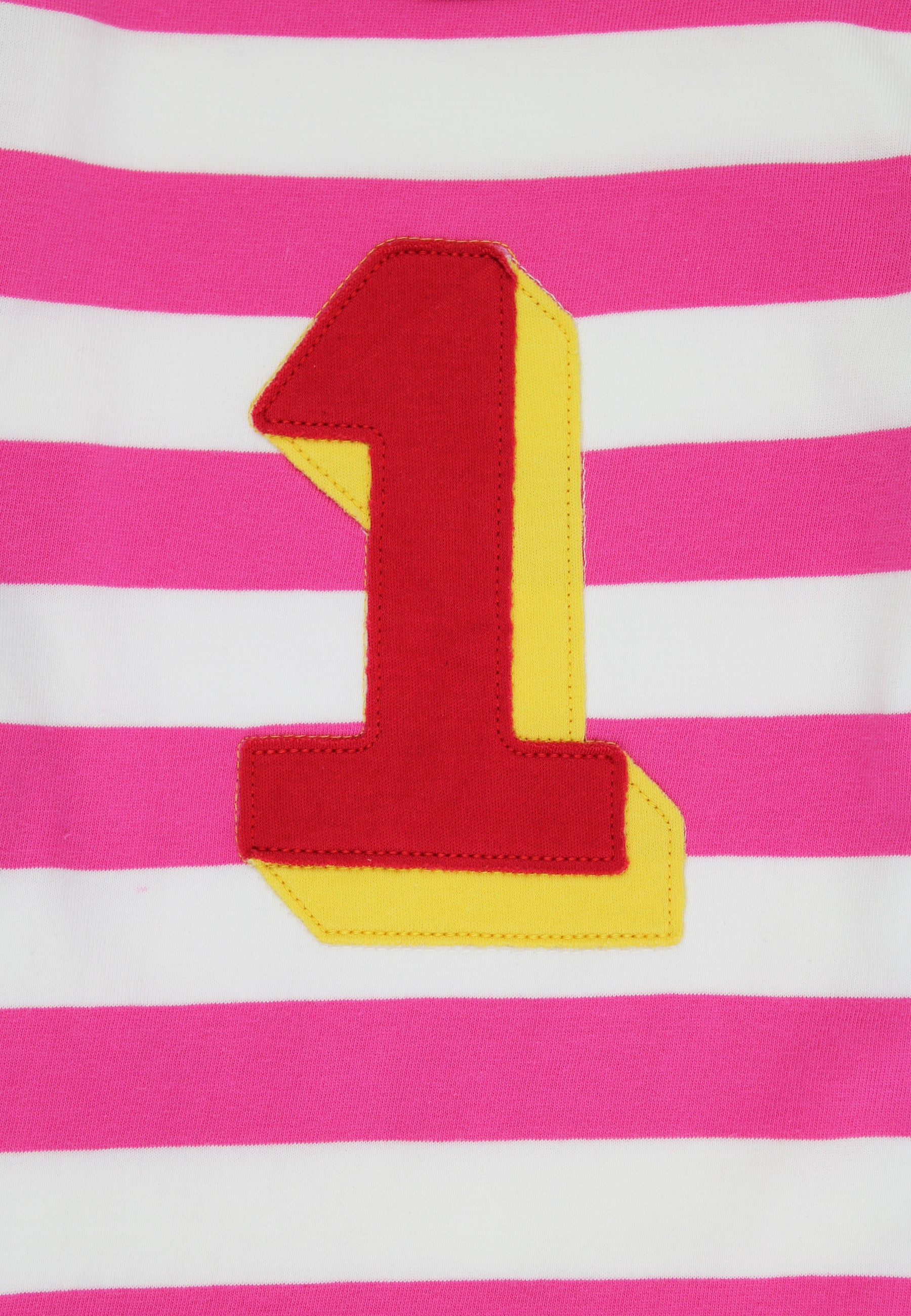 Striped fabric with a red and yellow number '1' on a pink and white background