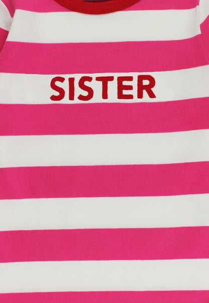 Pink and white striped shirt with 'SISTER' printed on it