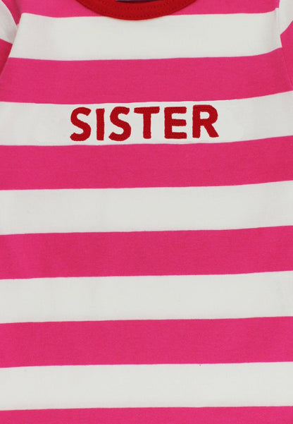 Organic Pink Stripe Sister Applique Long - Sleeved T-Shirt - Toby Tiger