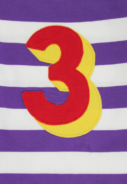 Purple and white striped shirt with a large red and yellow number '3' on a purple background