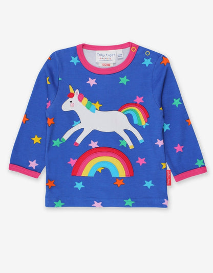Organic Rainbow Unicorn Applique Long-Sleeved T-Shirt by Toby Tiger, GOTS-certified, vetted by KIDDYKIND