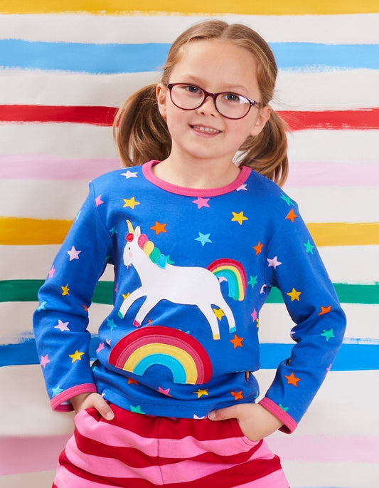Organic Rainbow Unicorn Applique Long-Sleeved T-Shirt by Toby Tiger, GOTS-certified, vetted by KIDDYKIND