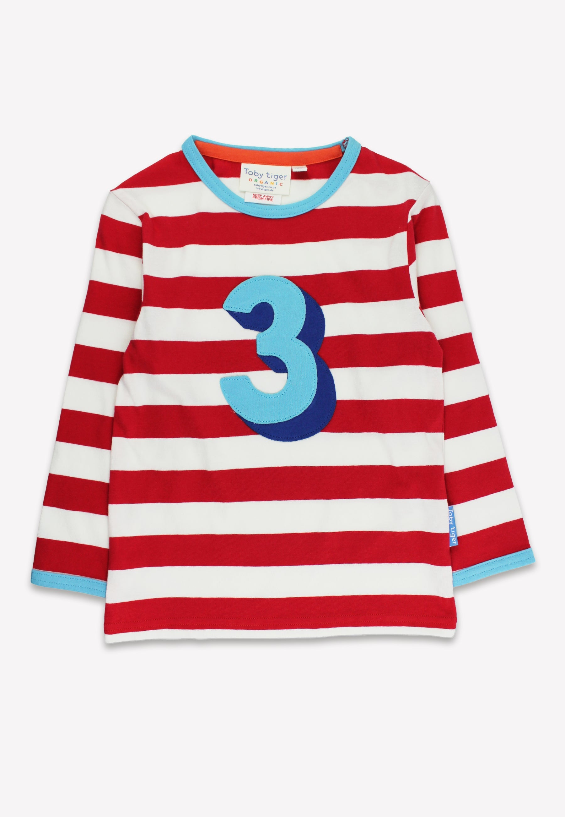 Red and white striped shirt with blue number 3 on a white background
