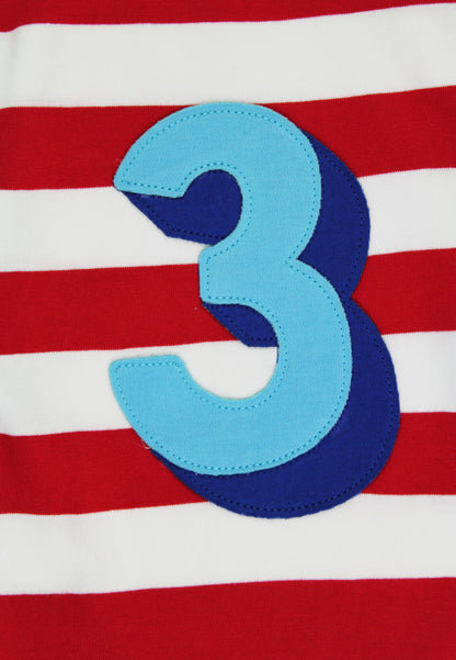 Red and white striped shirt with a blue number 3 on a red background