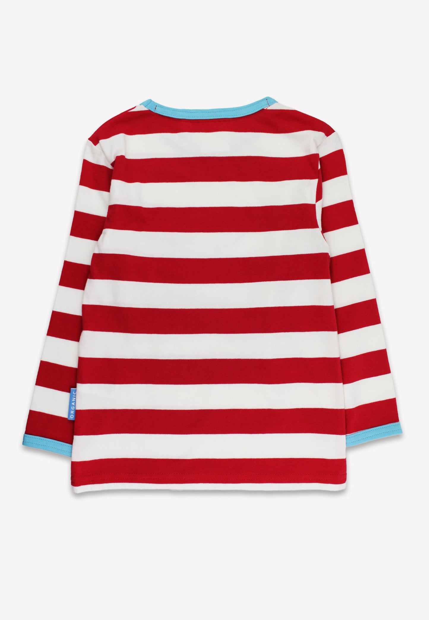 Red and white striped shirt with blue trim on a white background