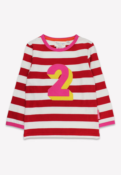 Red and white striped shirt with a large number '2' on a white background