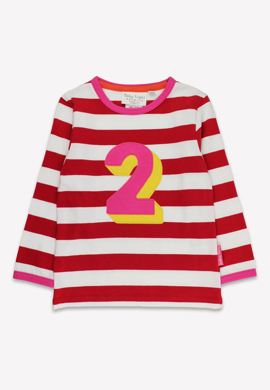 Red and white striped shirt with a large number '2' on a white background