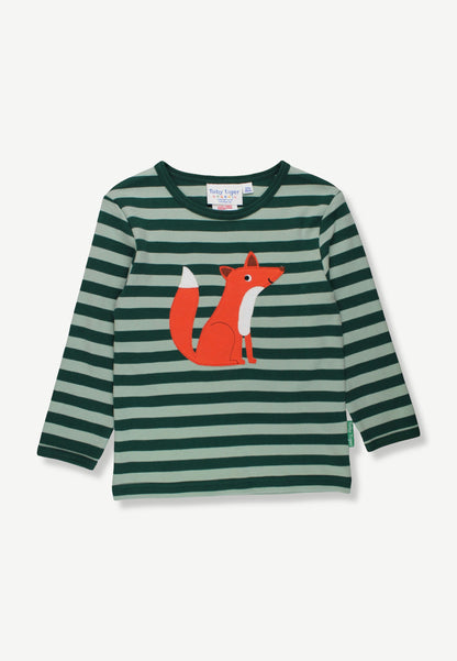A children's long-sleeve top with dark green and light sage green horizontal stripes, featuring a red and white embroidered fox on the chest, displayed on a clean off-white background.