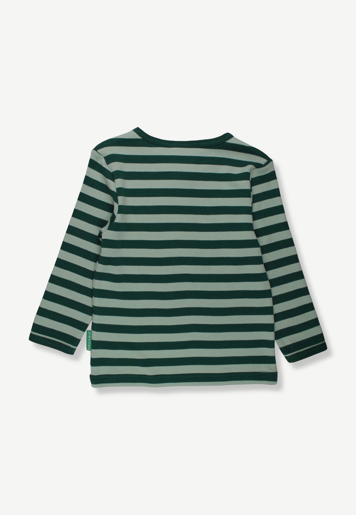 A long-sleeve striped top with horizontal dark green and light sage green stripes, shown from the back on a light gray background.