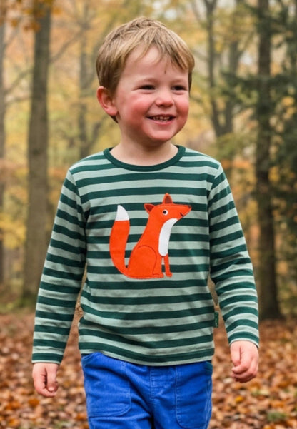 Organic Striped Fox Applique Long-Sleeved T-Shirt