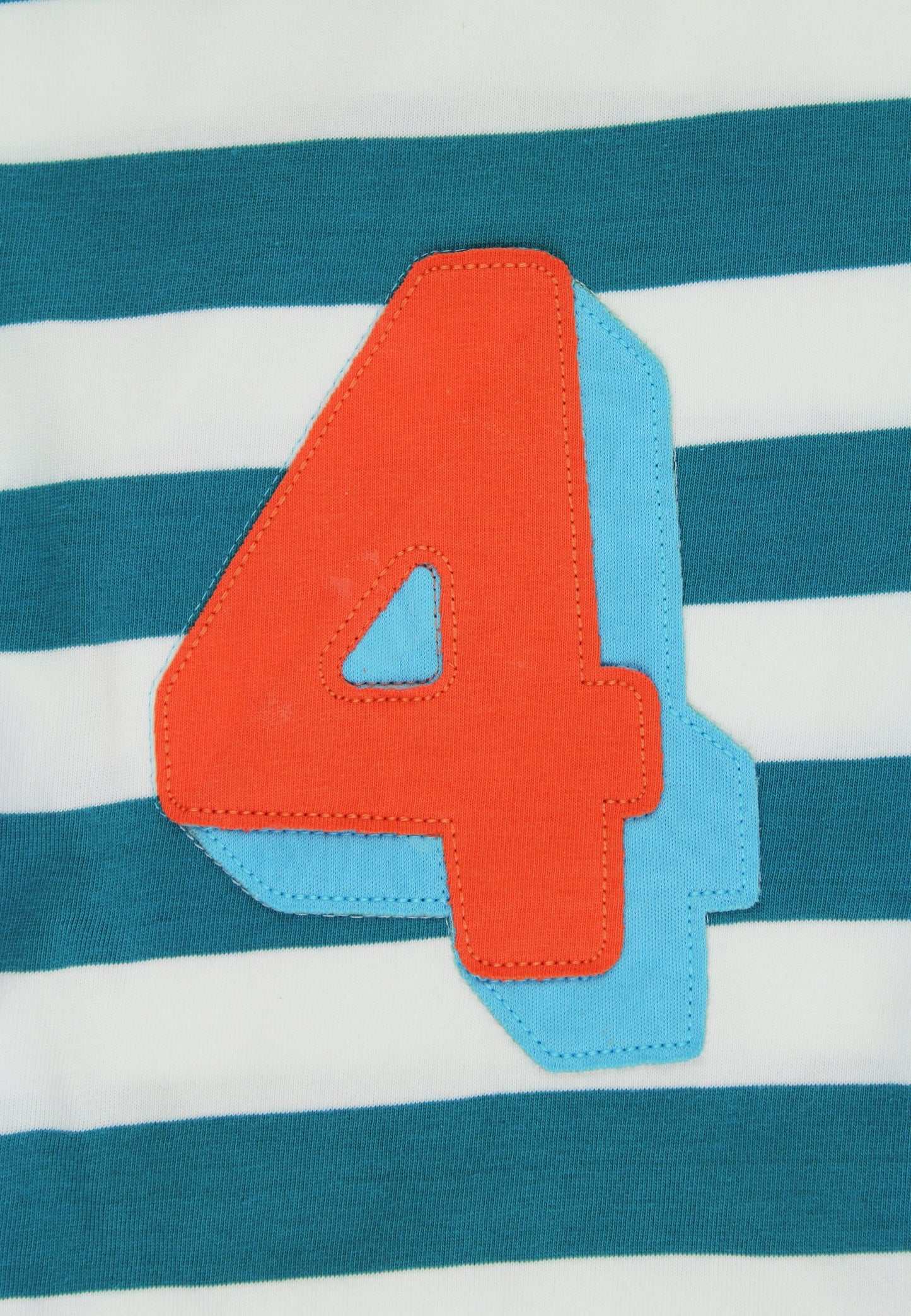 Teal and white striped shirt with a large orange number 4 on a blue background