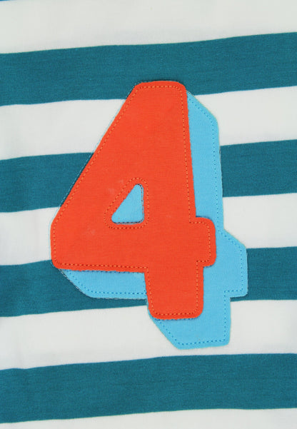 Teal and white striped shirt with a large orange number 4 on a blue background